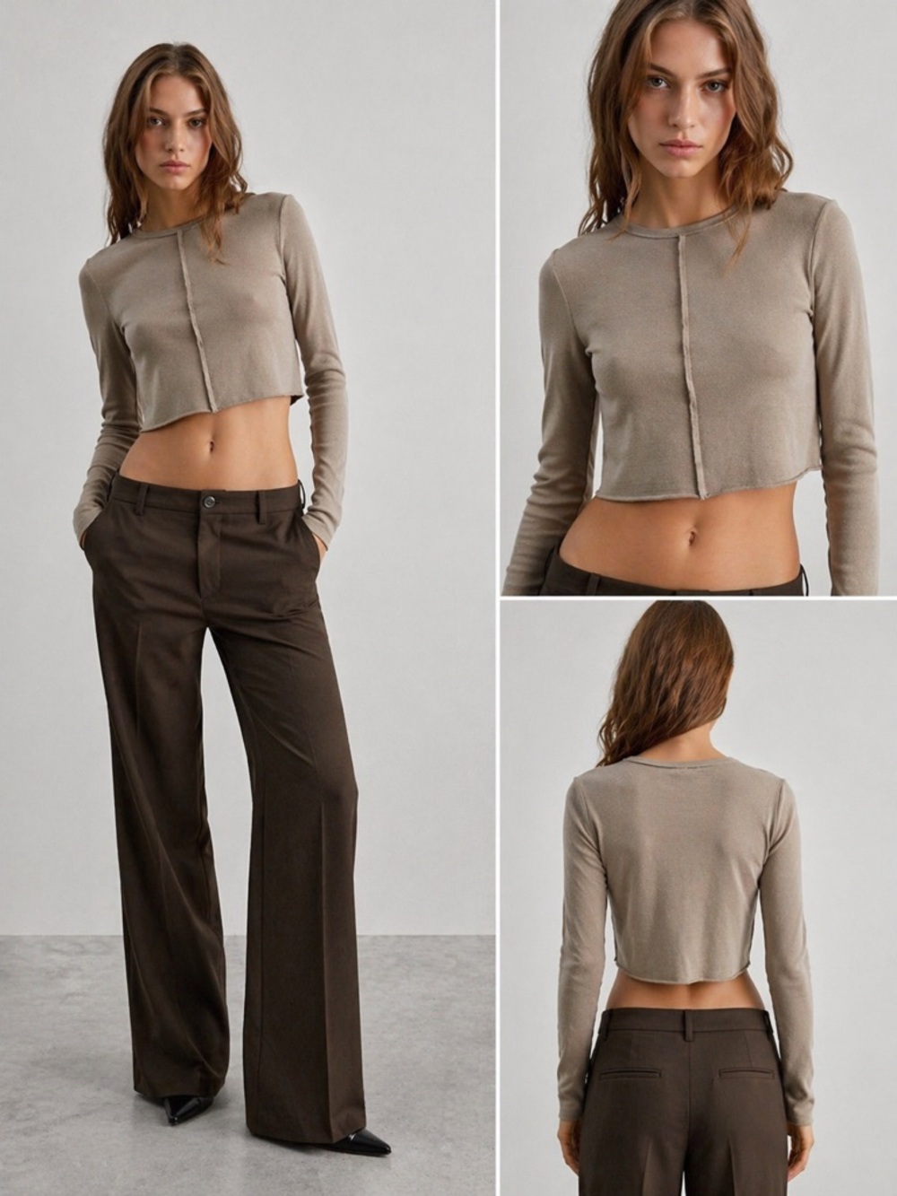ZARA Cropped Long Sleeve Top – Neutral Taupe – Size M